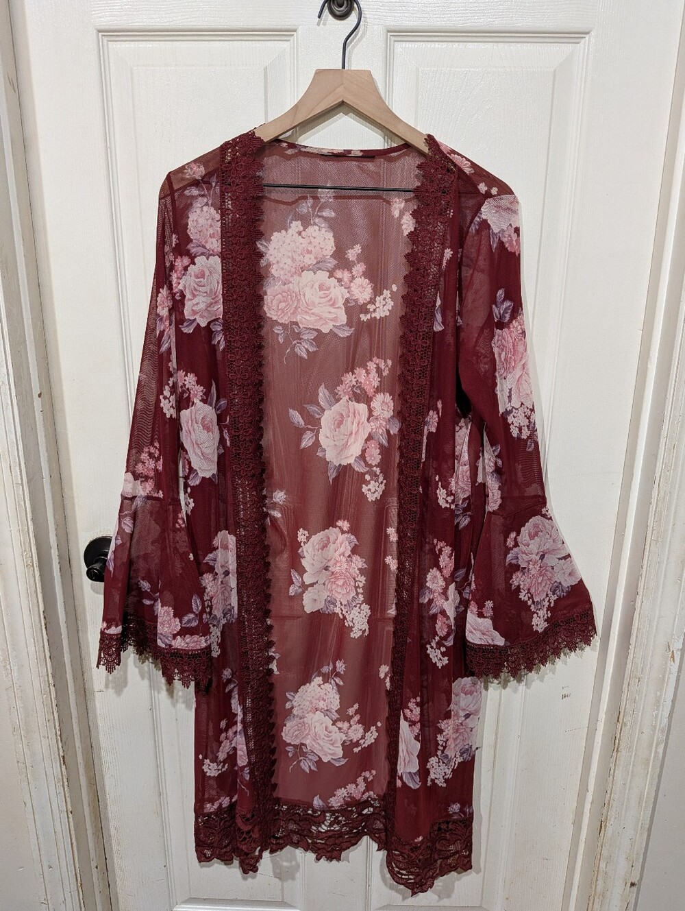 Floral Lace Trim Burgundy Sheer Kimono - Picture 6 of 6
